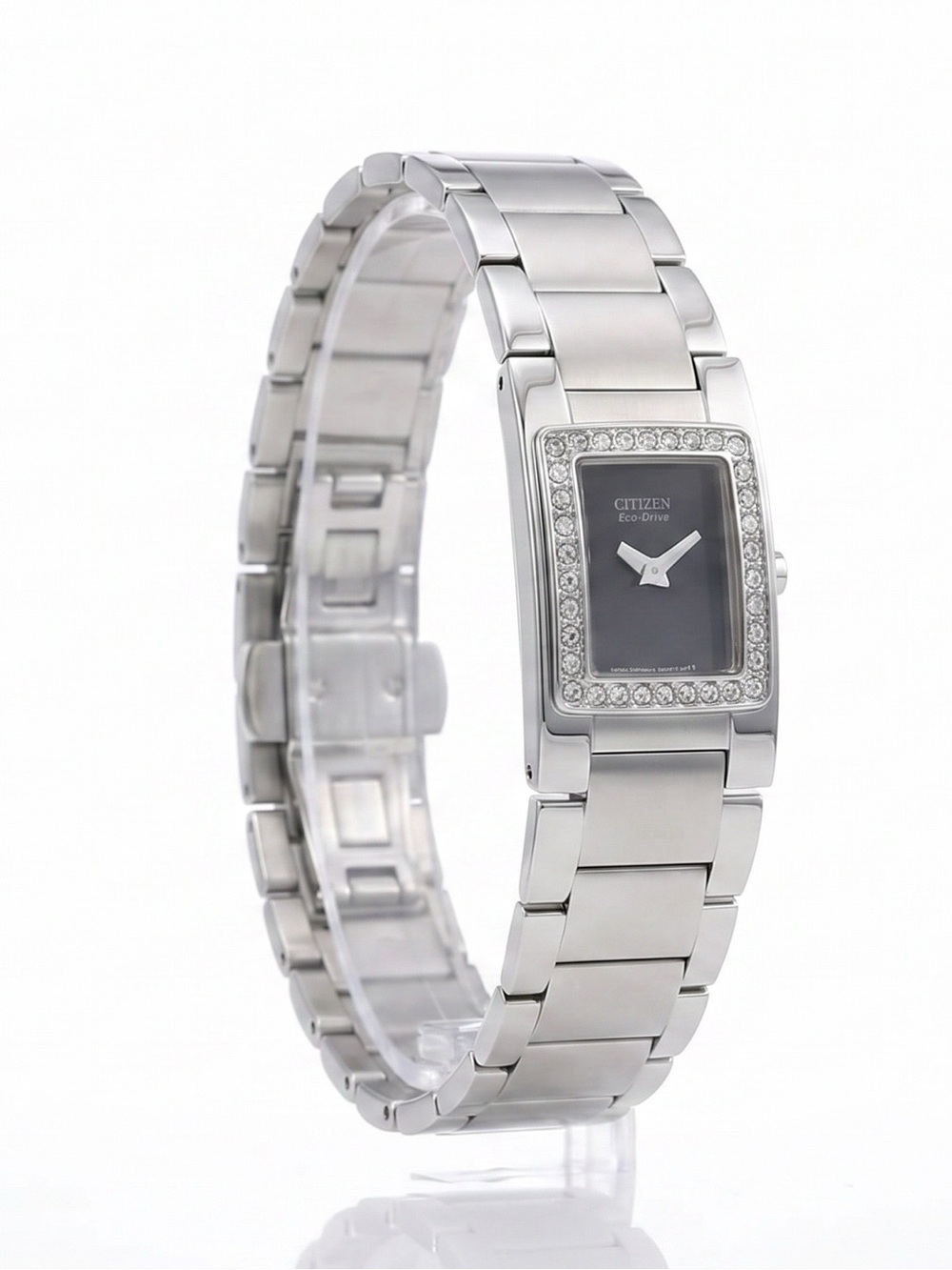 Citizen Silver-Tone Rectangular Black Dial Crystal Bezel Watch